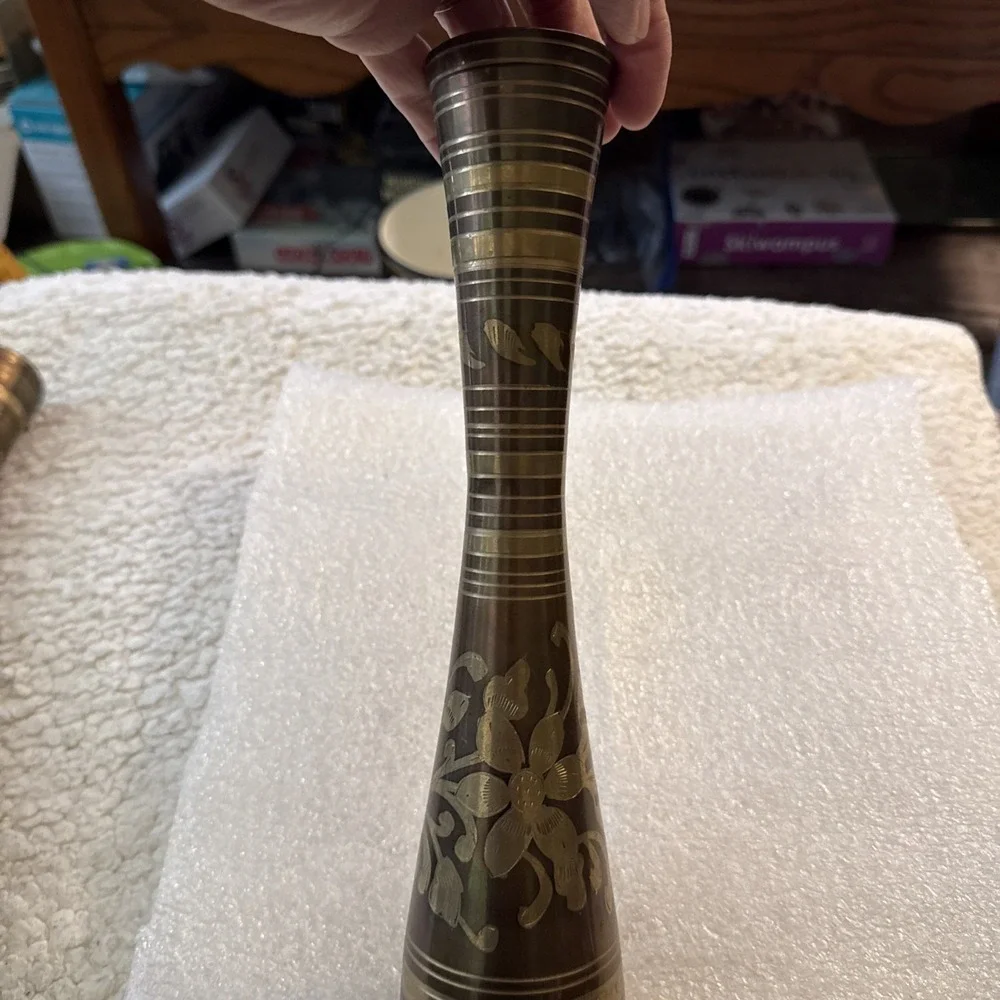 Etched Brass Vase Floral Engraved Vintage Ornate Fluted Boho 11.5